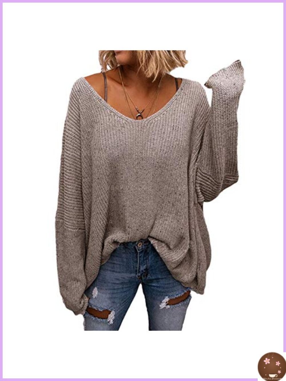 Waffle Knit V-Neck Long Sleeve Oversized Pullover Sweater